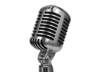 Retro chrome microphone capturing audio for speech, music, and entertainment, ideal for media and communication concepts