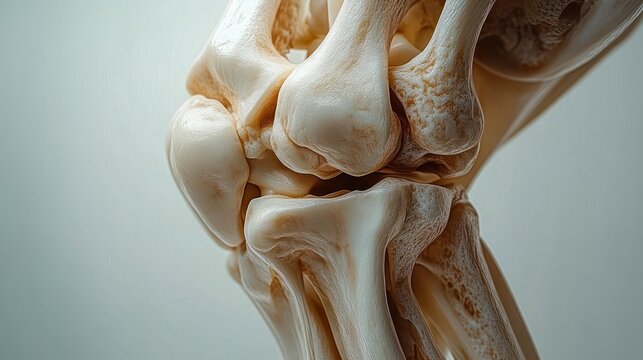 Close-up anatomical view of a knee joint showing interlocking bones, smooth articular surfaces and textured bone interior, clinical and contemplative mood