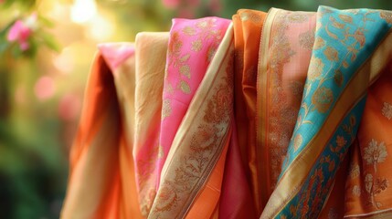 vibrant folded silk sarees with gold floral brocade borders draped together in orange pink and teal, evoking warm festive elegance and joyful celebration