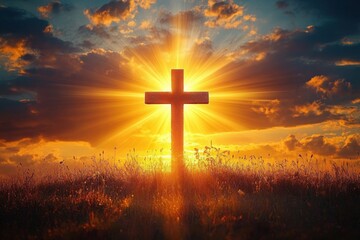 Cross silhouetted on a grassy hill at sunset with radiant golden sunburst, dramatic clouds and wild grasses, evoking peace, hope and reverent awe