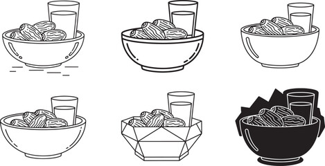 Traditional Ramadan Iftar Bowl of Dates and Water Glass Icon Set for Islamic Fasting Breaking Ceremony and Middle Eastern Halal Food Design