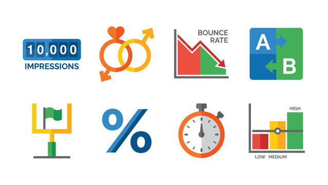 Business Marketing Icons Impressions Demographics Bounce Rate A B Testing Goal Percentage Stopwatch Bar Chart