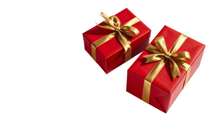 Festive Red Present Boxes with Gold Ribbon Duo Set Isolated on Transparent Background.
