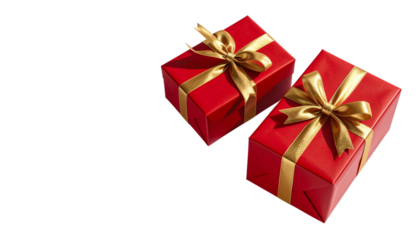 Festive Red Present Boxes with Gold Ribbon Duo Set Isolated on Transparent Background.
