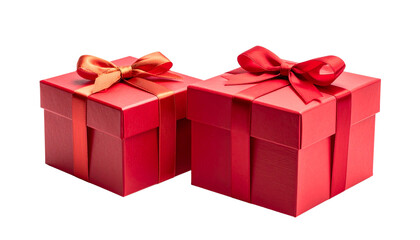 Two Red Gift Boxes with Golden Ribbon Variations Isolated on Transparent Background.