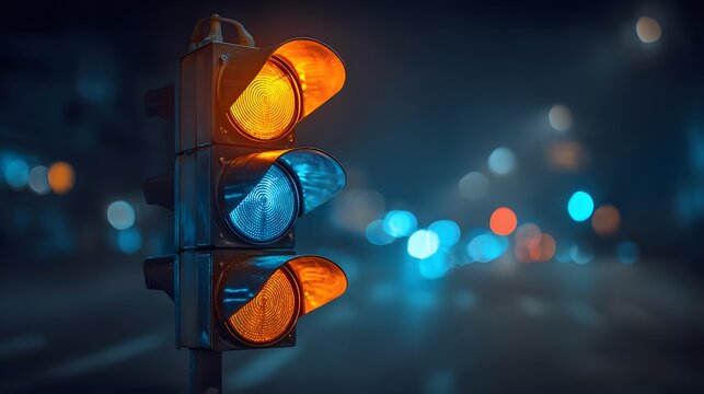 Traffic light glows in the night, illuminating the urban scene. - Powered by Adobe