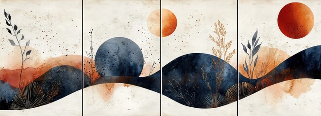 Abstract four-panel watercolor landscape with navy rolling hills, terracotta suns and circular orbs, delicate botanical silhouettes and splatter textures evoking a serene, contemplative mood