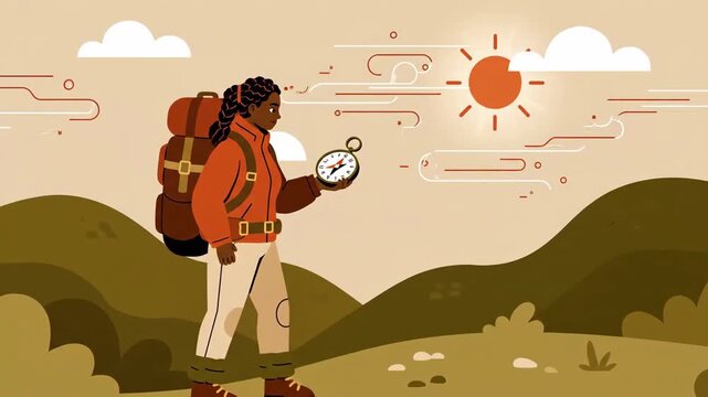 Woman Hiker Navigates With Compass Through Scenic Mountain Landscape Illustration