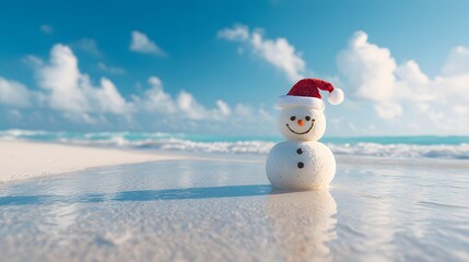 Tropical Christmas - Snowman on a Beach with Santa Hat.