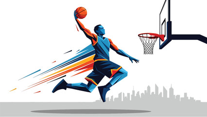 Dynamic Basketball Player Athlete Silhouette Jumping for Slam Dunk with Motion Blur Lines and City Skyline Background for Sports Promotion Design