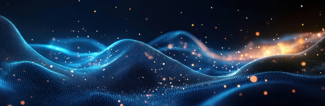 Undulating blue particle mesh forming rolling waves with glowing orange sparks against a dark starry background, evoking serene futuristic motion and shimmering energy - Powered by Adobe