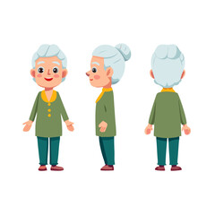 Front, side, back view animated character. Elderly woman character creation set with various views. Cartoon flat vector
