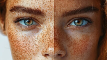 Partial close-up portrait of a person with long red wavy hair against a warm brown background, intimate and mysterious mood