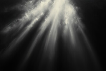 Dark sky with dramatic shafts of sunlight piercing thick clouds, ethereal beams creating a serene, mysterious and awe-inspiring atmosphere