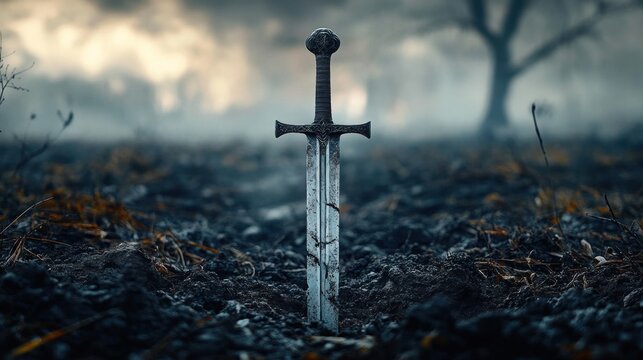 ornate steel sword planted upright in muddy field with wet soil and sparse dead grass, foggy bare trees in the background, somber and mysterious atmosphere