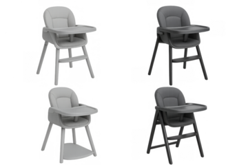 Baby high chair set in two colors on transparent background providing infant feeding and nursery furniture options