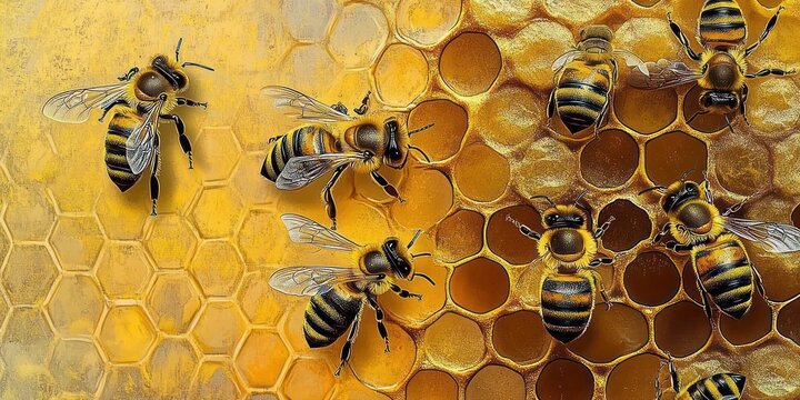 Close-up of honey bees clustered on a golden honeycomb, busy industrious scene with textured hexagonal cells and warm glowing light