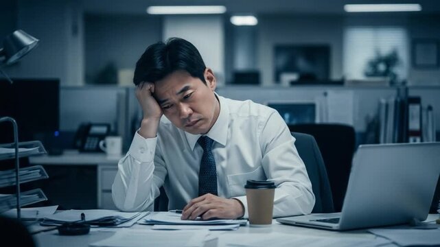 Stressed Asian Male Office Worker in Formal Attire at Desk with Laptop and Coffee Cup