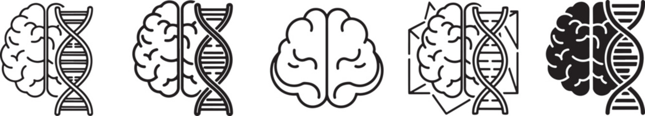 Human Brain and DNA Helix Combination Icon Set for Neuroscience Genetic Intelligence Medical Research and Cognitive Science Technology Design