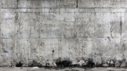 Obraz premium Close-up of a weathered, textured concrete wall, showing dark patches and a horizontal division. The surface reveals an aged, mottled appearance