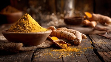Turmeric powder and roots on a rustic wooden table.