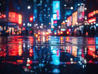 Obraz premium Rain-soaked urban street at night with colorful neon billboard reflections, blurred car lights and a moody cinematic atmosphere
