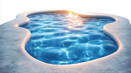 curved freeform swimming pool with sparkling blue water and sun reflections on smooth white deck, calm and inviting