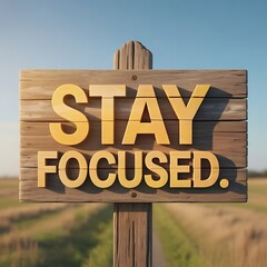 A wooden sign with stay focused message in field