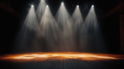 empty wooden stage lit by five overhead spotlights with visible light beams and smoky haze, creating a dramatic atmosphere of anticipation and solitude