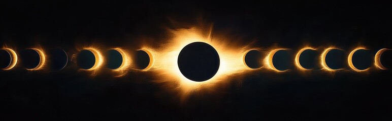Panoramic sequence of solar eclipse phases with glowing golden corona across a dark sky, dramatic cosmic alignment evoking awe and mystery