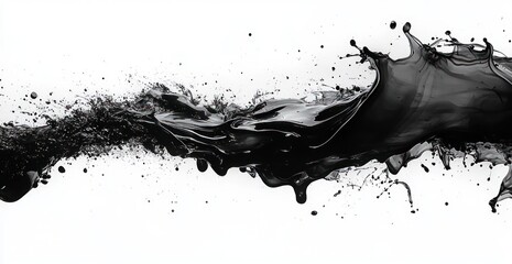 Dramatic sweeping black ink and paint splash with droplets and splatter across a white background, conveying dynamic energetic motion