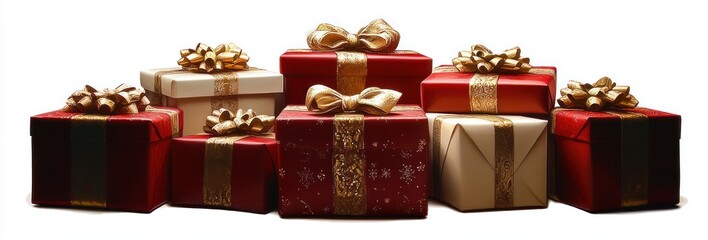several wrapped gift boxes in red and cream with gold ribbons and bows on a white background conveying festive elegant celebration and joyful anticipation