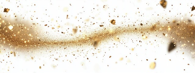 golden dust, glitter particles and small fragments forming a sweeping sparkling trail across a bright white background, evoking celebration and elegant motion