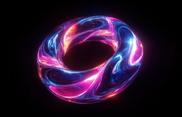 glowing neon torus ring with swirling pink, purple, blue and orange energy on a black background, futuristic mesmerizing and hypnotic