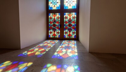 Colorful stained glass window casting vibrant light reflections on floor