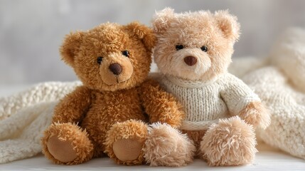 Two adorable teddy bears sitting together on a soft blanket.