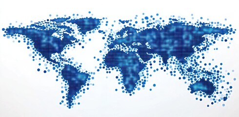 blue dotted digital world map formed by glowing pixels and circular markers on white background conveying global connectivity and a futuristic technological mood