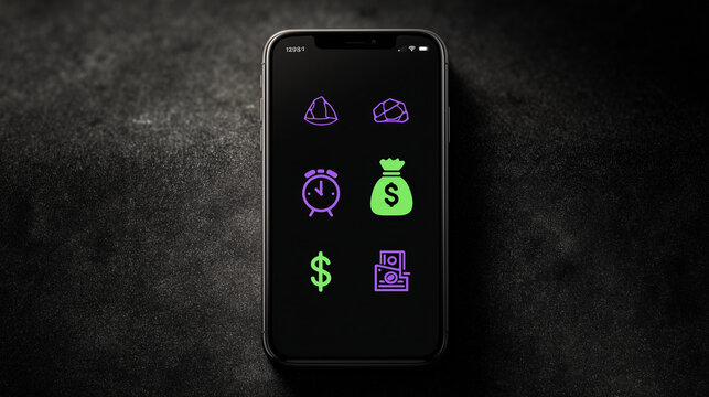 An iphone wallpaper with icons of a black rock, money bag, and clock in purple and green on the left side, a dark background, and a minimalistic style, in high resolution.