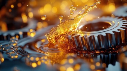 Golden lubricant splashing over a metallic gear with warm glowing bokeh, dynamic motion and industrial energy