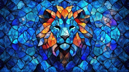 Symmetrical stained glass mosaic lion head with fiery orange mane against a luminous blue fragmented background, evoking regal strength and calm majesty