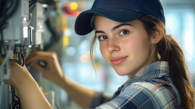 technician in plaid shirt and baseball cap concentrating while adjusting electronic control panel in industrial workshop - Powered by Adobe