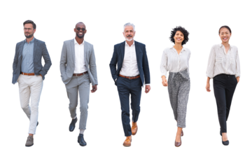 Full Body Walking Poses of Business People in Motion, Diverse Attire and Ethnicities, Transparent Background