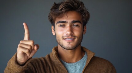 young man raising index finger in assertive gesture wearing brown knit sweater over gray t-shirt against plain gray background, focused and confident