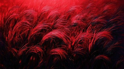 swaying crimson grass with feathery blades in a dark textured field, dramatic glowing red light and intense moody motion