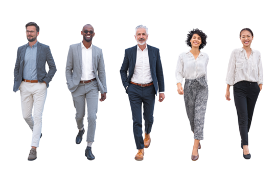Full Body Walking Poses of Business People in Motion, Diverse Attire and Ethnicities, Transparent Background - Powered by Adobe