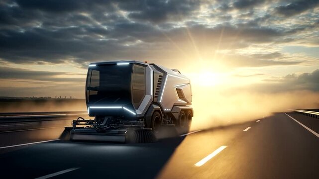 Futuristic street sweeper on a highway at sunset