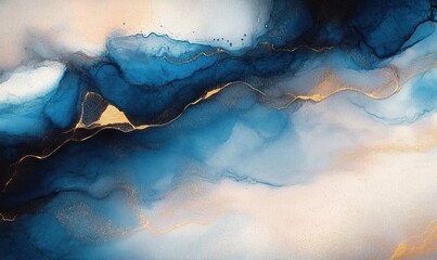 serene flowing blue and white marbled ink with metallic gold veins and subtle beige highlights, elegant abstract oceanic fluid artwork