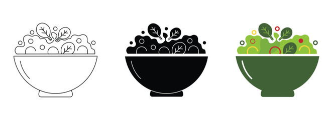 Salad Bowl Icon Set in Outline, Solid and Flat Color Style Isolated on White Background