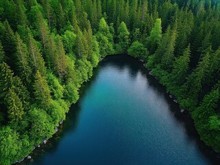 Aerial view of a secluded emerald lake nestled in dense evergreen forest with rocky shoreline and calm reflective water conveying peaceful tranquility