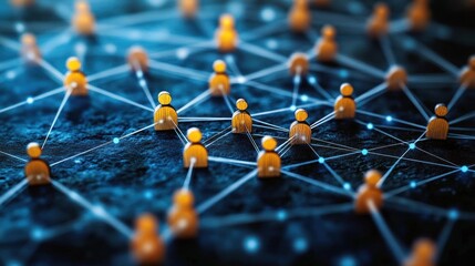 small wooden human tokens connected by glowing blue lines and illuminated nodes on a dark textured surface, conveying collaboration, connectivity and a futuristic digital network